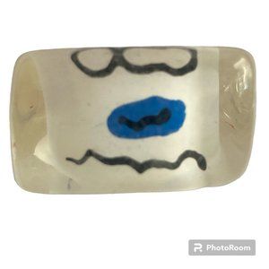 Vintage Lucite Acrylic Ring Size 8 Retro Abstract Hand Painted White Blue Black